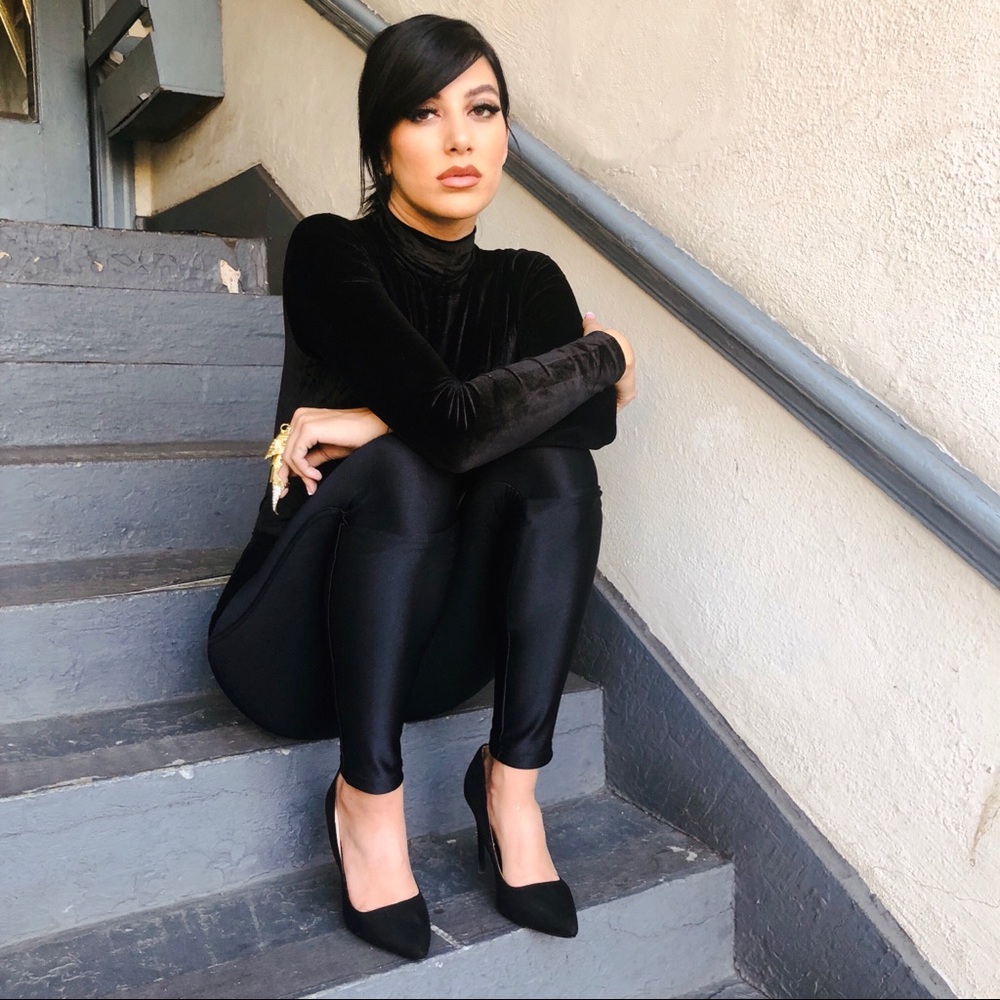 Black Velvet Bodysuit - Mod Audrey Turtleneck Top - Picture 3 of 6